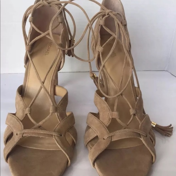 New MK Michael Kors Leather Suede Pumps Gladiator Lace Brown Women Shoes 10 - Picture 2 of 12